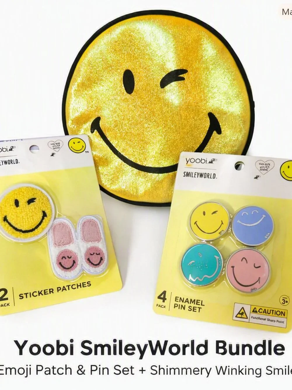Yoobi Smiley World Bundle Sticker Patches Enamel Pins Metallic Smiley Pouch